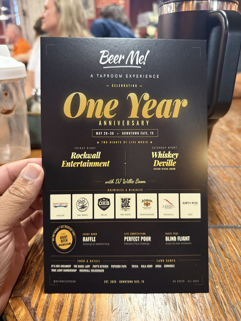 Beer Me! Taproom One Year Anniversary flyer — May 29–30, Downtown Fate, TX