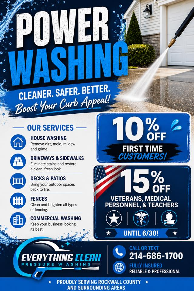 Everything Clean Pressure Washing — 10% off first-time customers, 15% off veterans, medical personnel, and teachers