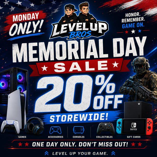 Level Up Bros Memorial Day Sale — 20% off storewide, Monday only