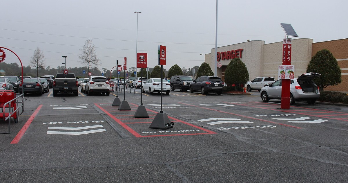 Target store exterior with Drive Up parking stalls and red bullseye signage